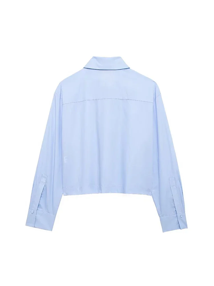 Willshela Women Fashion With Pearls Blue Single Breasted Blouse Vintage Lapel Neck Long Sleeves Female Chic Lady Shirts