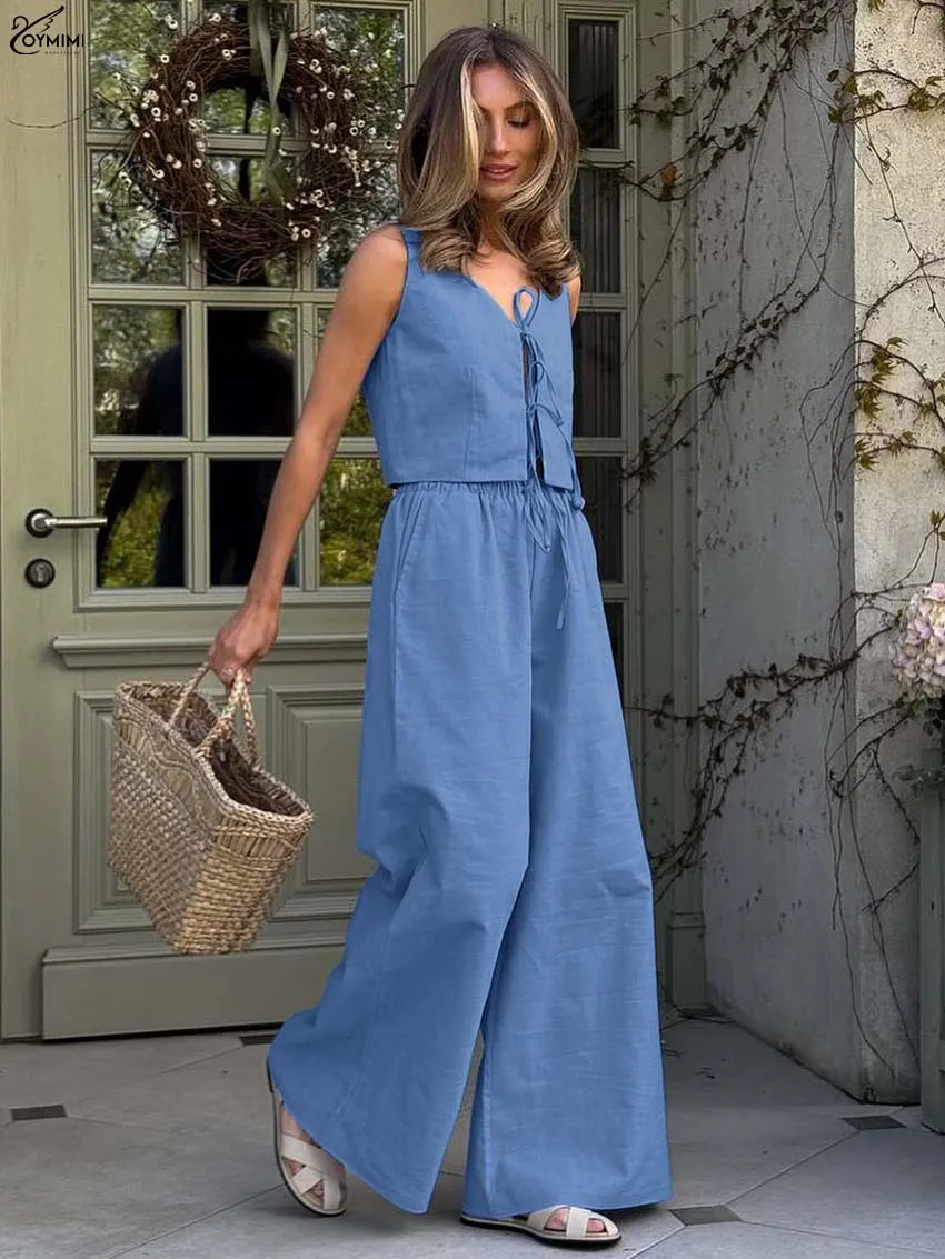 

Oymimi Elegant Blue Cotton Two Piece Outfits Woman Fashion V-Neck Sleeveless Lace-Up Shirts And Drawstring Trousers Female Sets
