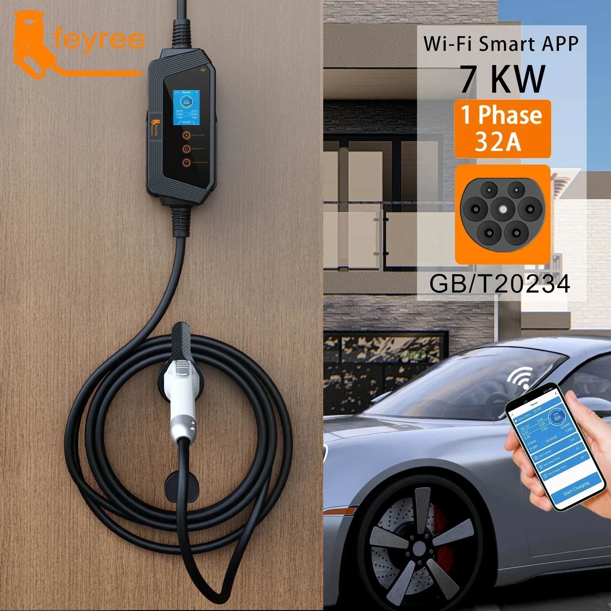 feyree 7KW 32A Adjustable EV Charger GBT Plug APP Bluetooth Version Set Charging Time EVSE Charging Box for Electric Vehicle