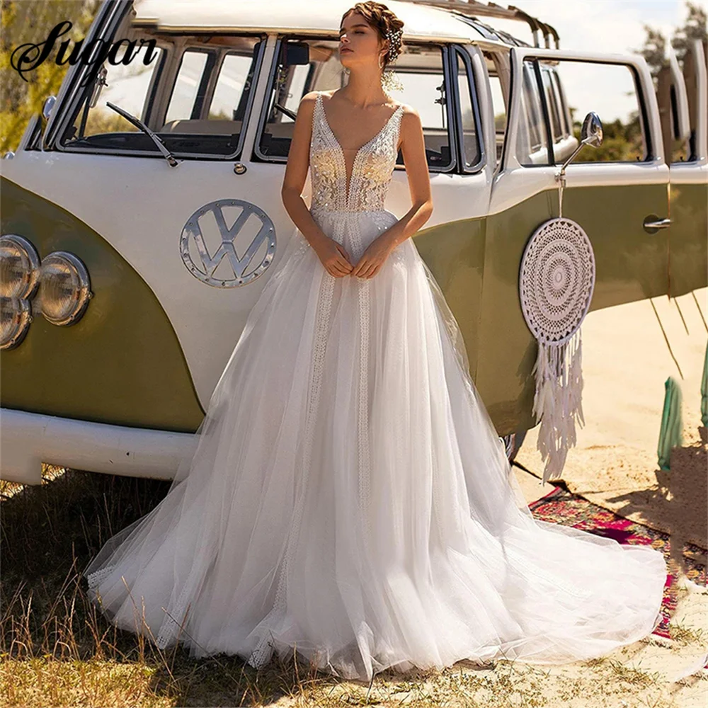 

Princess V-Neck Sleeveless Wedding Dress Women Lace Appliques Backless Bridal Gowns For Bride Tulle Sweep Train Vestido De Novia