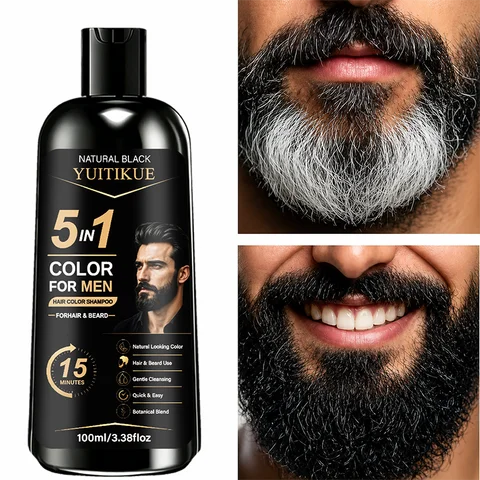 YUITIKUE 5 In 1 Men Black Hair Color Shampoo 15 Mins Natural Dye For Hair Beard Botanical Gentle Gray Coverage Home Dye Care