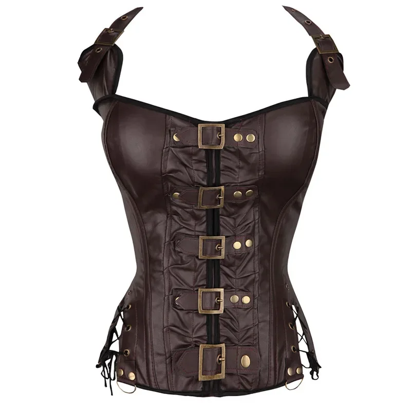 

Coffee Halterneck Corset Overbust Steampunk Gothic Korse Belt Black Punk Korset G-string Corselet Buckle Gorset Boned Bustier