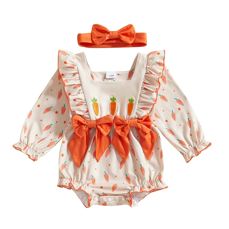 Baby Girls Easter Outfits Bows Bunny Print Carrot Letter Embroidery Long Sleeve Spring Romper with Bow Headband 2 Pcs Set