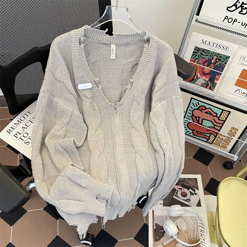

Мужской вязаный кардиган с V-образным вырезом, повседневный, свободного кроя, осенний, винтажный, в уличном стиле, с рваным краем, верхняя одежда