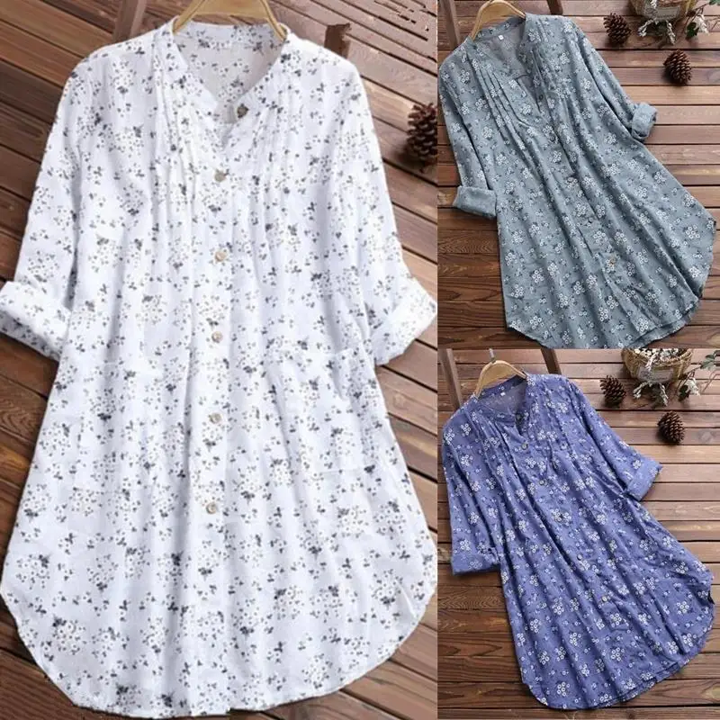 

Large Size Women's Long Cotton Blouse Floral Print irt Ladies Top Comfortable Fit Button Detail Regular Sve Length