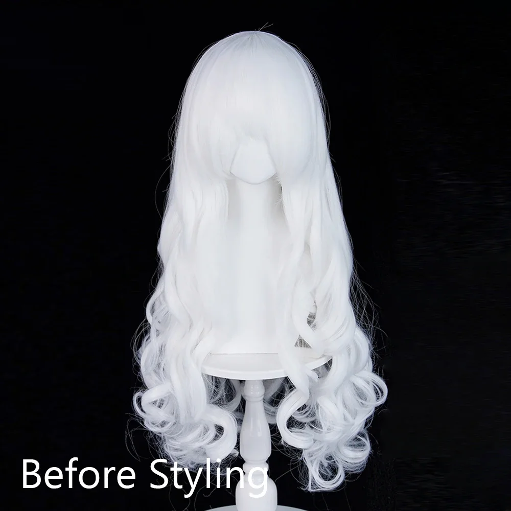 Daily Party White Long Wavy Anime Game Cosplay Synthetic Wigs with Bangs Fluffy Heat Resistant Wig