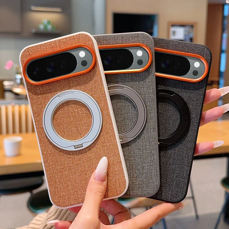 

For Google Pixel 10 Pro XL Pixel10 10A CANVAS Cloth Hybrid PC Armor Cover Metal 360 Magnetic Rotating Ring Bracket Holder Case