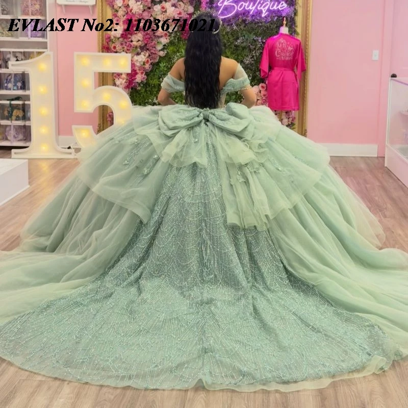 EVLAST Customized Mexican Green Qinceanera Dress Ball Gown Sequins Applique Beading Tiered Sweet 16 Vestidos 15 Anos E2QA310
