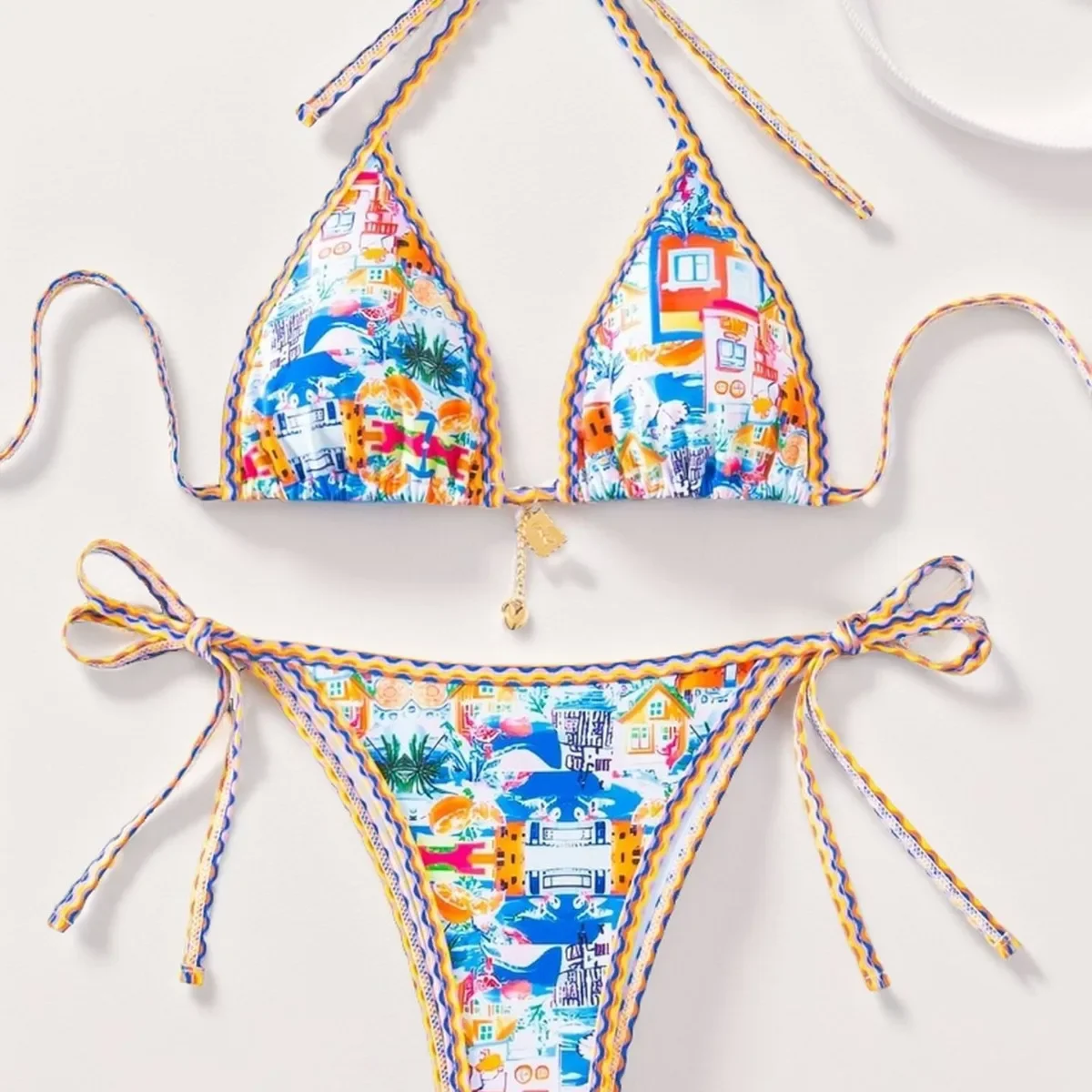 

Swimsuit for Women 2025 New Printed Lace Up Sexy Bikini Hawaii Summer Vacation Split Swimwear L