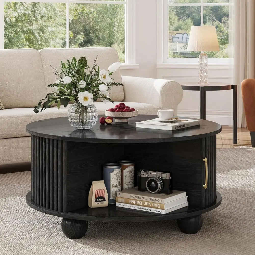 

Round Storage Coffee Table, Sliding Door Accent Drum Coffee Table, Modern Living Room Furniture, Compact Coffee Table for Small