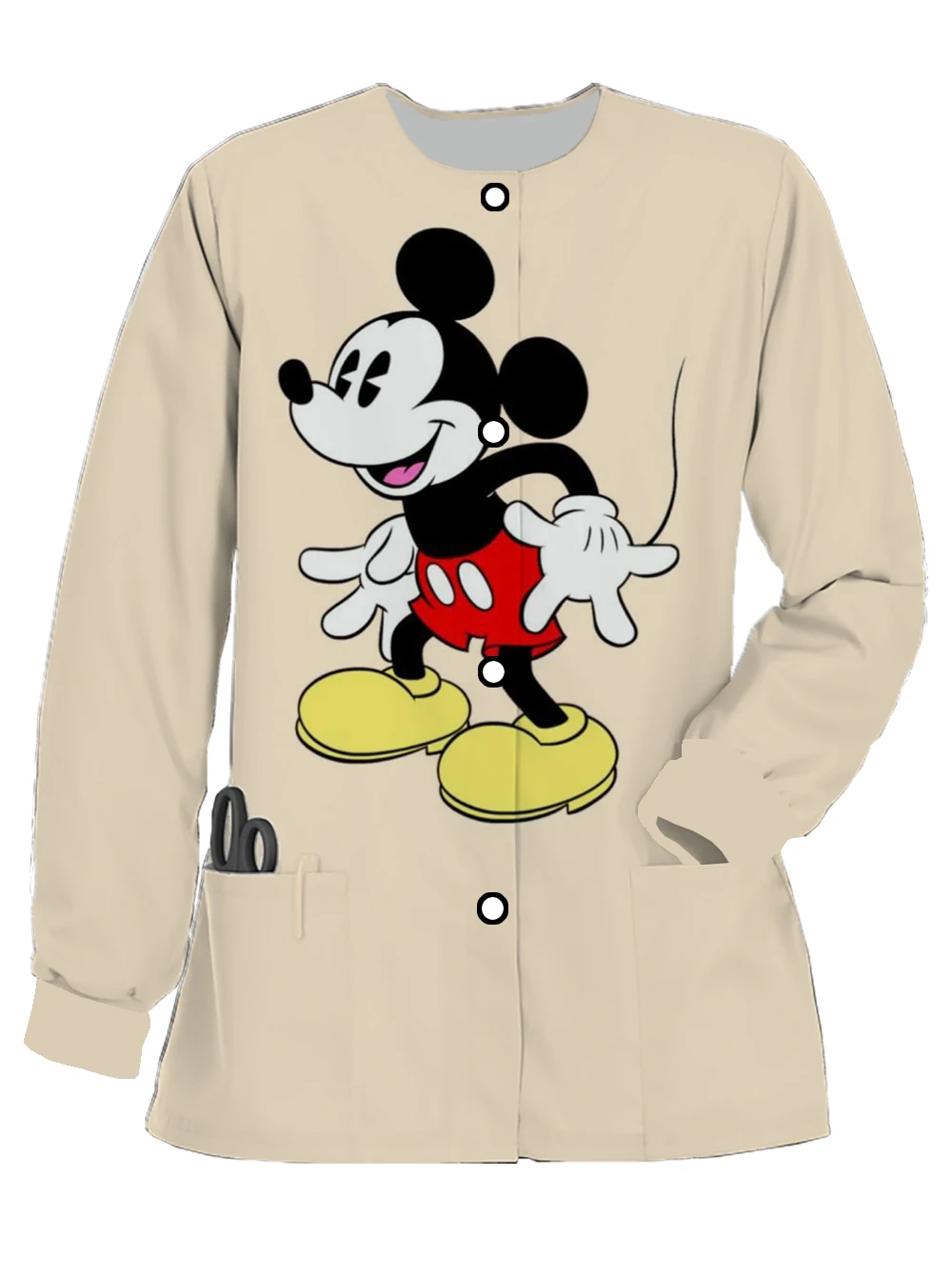 New Women's Disney Mickey Minnie Print Spring and Autumn Long-sleeved Round-neck Scrub Nurse Uniform Doctor Work Uniform