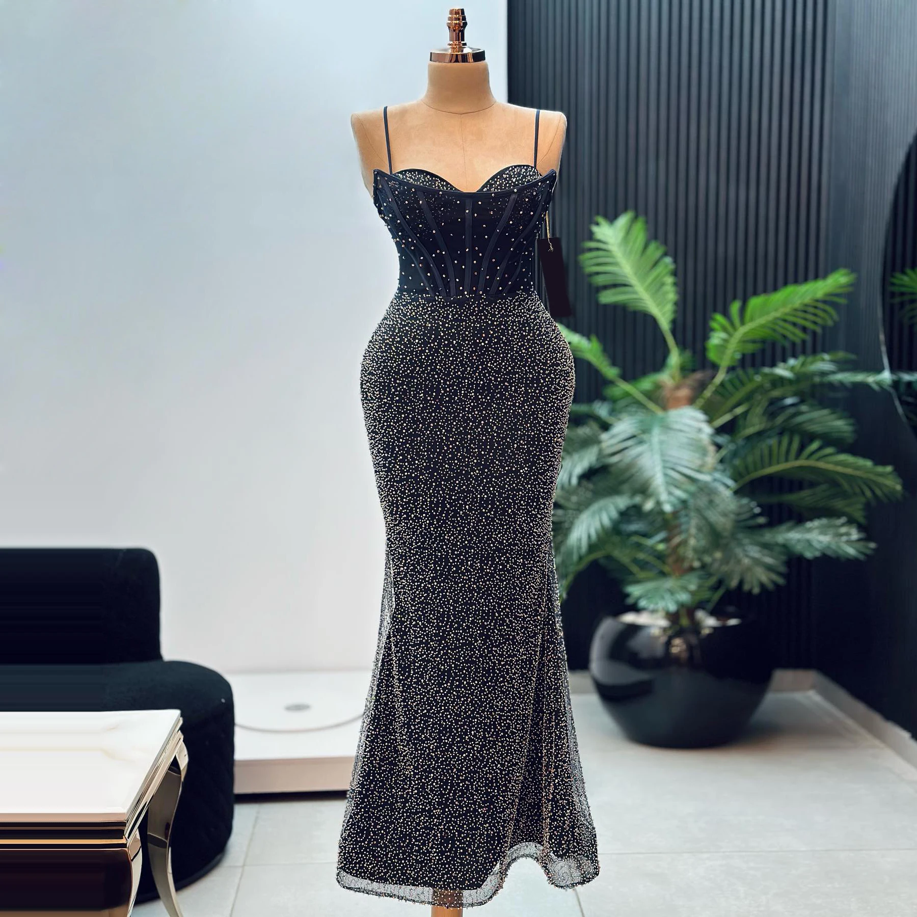 Black Off Shoulder Mermaid Evening Gown Custom Elastic Sequined Velvet Sloping Collar Floor Length Skirt Luxurious Women'S Party