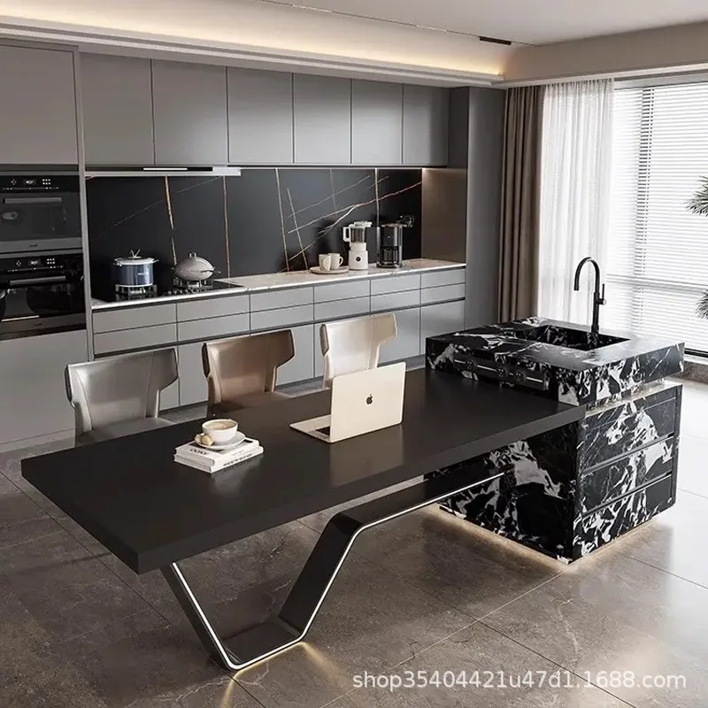Full Slate Dragon Head-Raising Day Electric Smart Island Dining Table Integrated Full Light Strip High-end Villa Tea Bar