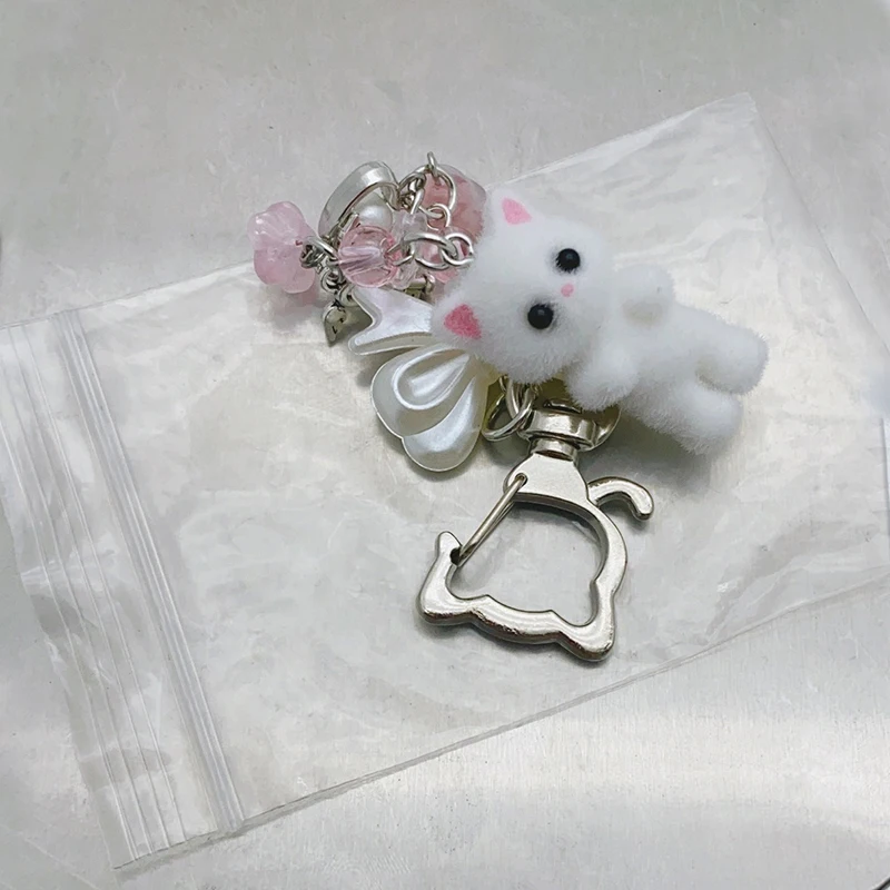1PC Car Keys Holder Flocking Cat Keyring Bowknot Small Flower Bead Pendant Phone Lanyard Animal Key Chain Charm Accessories