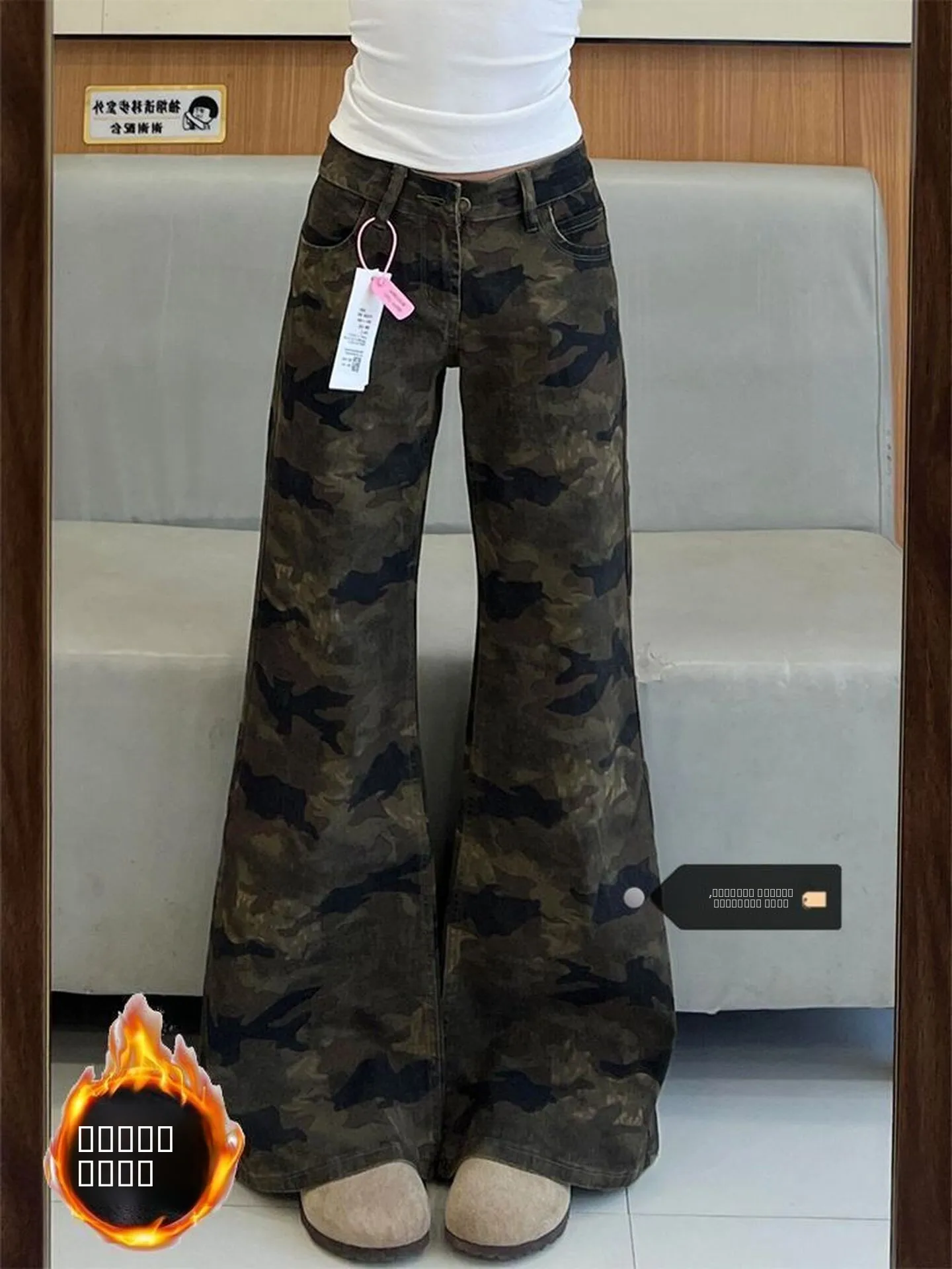 

Женские джинсы с высокой талией, прямые, на флисовой подкладке, камуфляжные, осенне-зимние, свободного кроя, широкие штанины, в стиле ретро