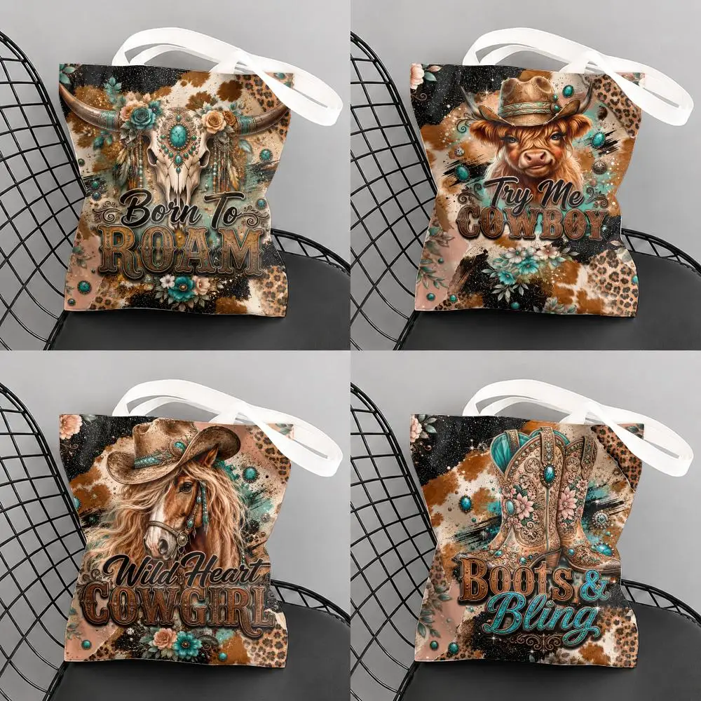 Western Cowboy Cowgirl Art Storage Bags Large Capacity Canvas Tote Bag Double-Sided Print Shoulder Handbag for Daily Shopping