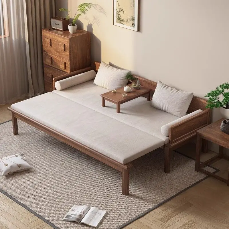 Furniture: Walnut solid wood Luohan bed, small living room sliding sofa bed