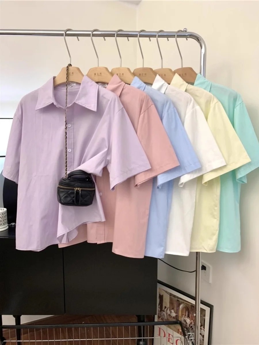 

Loose Casual Dopaamine Color System Lazy Style Small Size Summer New Shirt Versatile Polyester Short Sleeve Neck Regular...