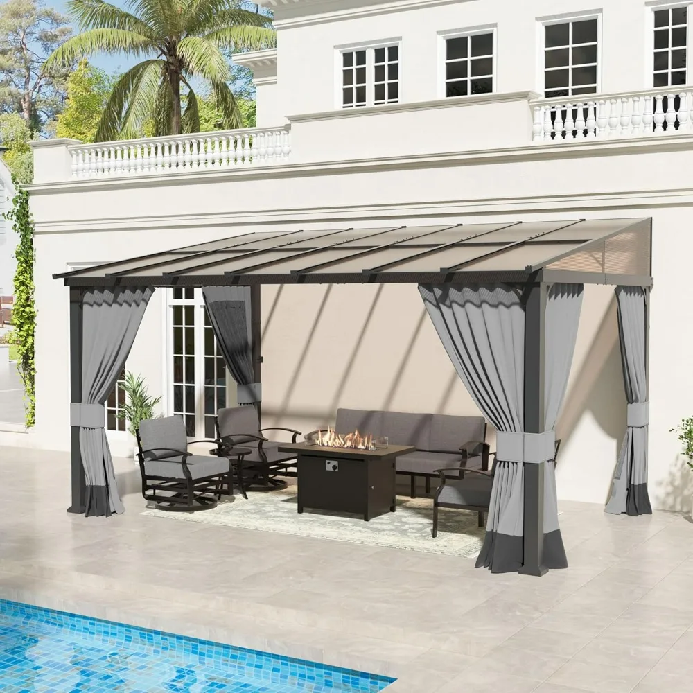 10' X 14' Gazebo,Outdoor Hardtop Lean To Gazebo with Sloped Roof and Double Curtains,Awnings for Patio,Backyard,Garden,Gazebo