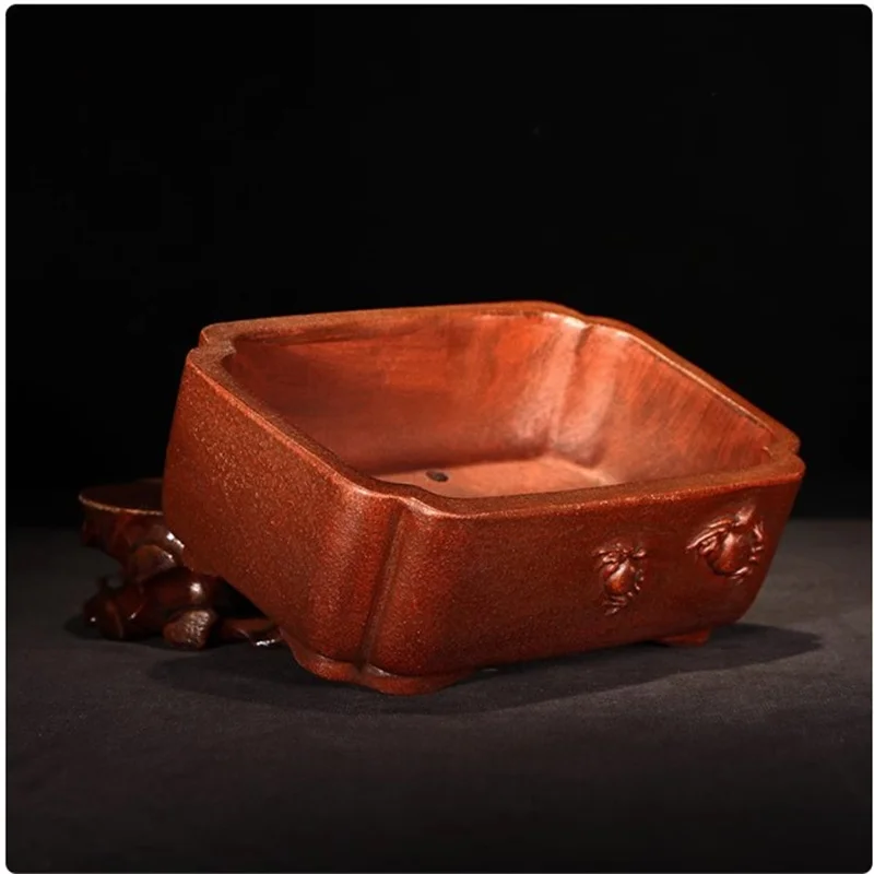 Purple Sand Round Angle Rectangle Bonsai Pot, Crab Carved ,Chinese Garden Decoration