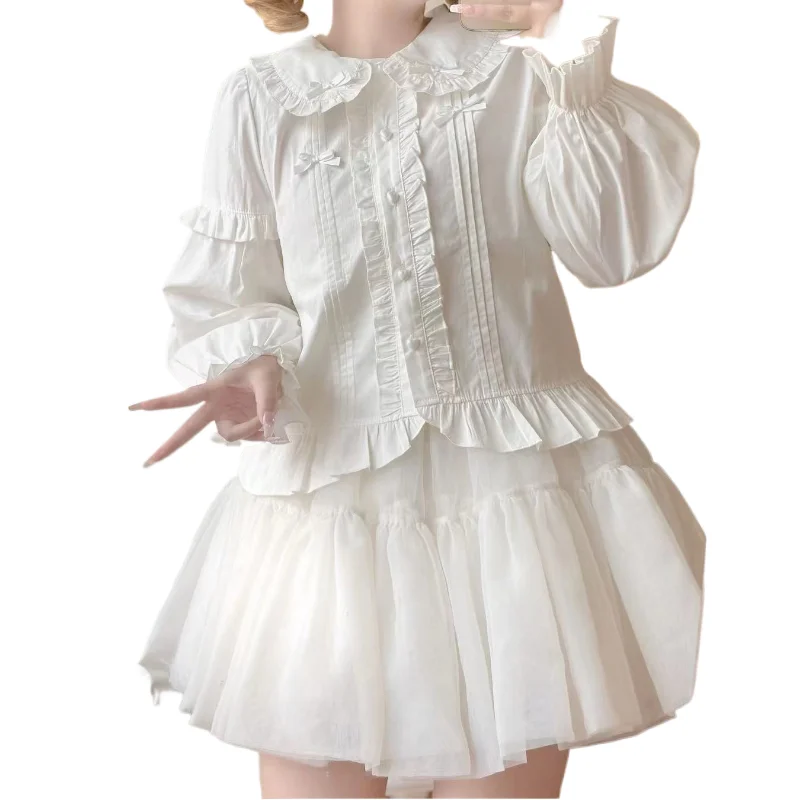 

Japanese Cute Doll Collar White Long Sleeve Shirt Lolita Short Shirt Top for Women Spring and Autumn