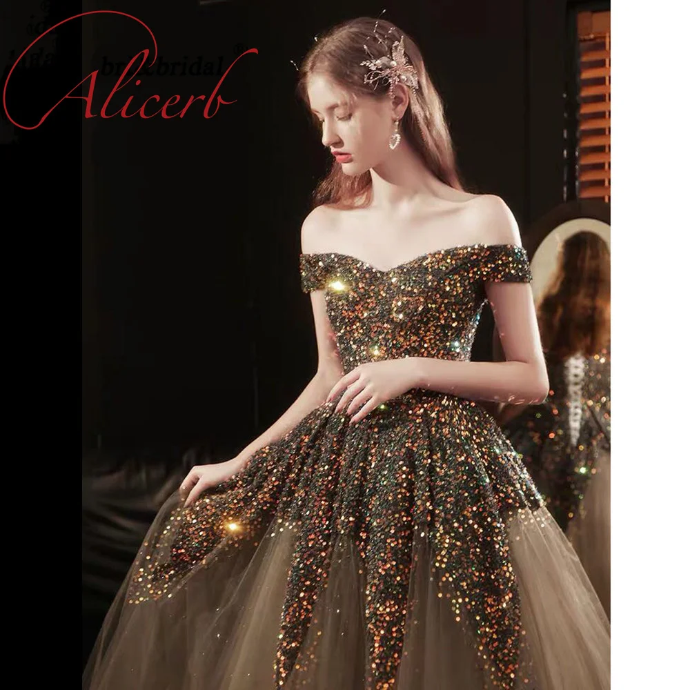 Alicerb Elegant Sequin Prom Dresses for Women 2022 Lace-up Off the Shoulder A-line Lace-up Formal Evening Wedding Party Gowns