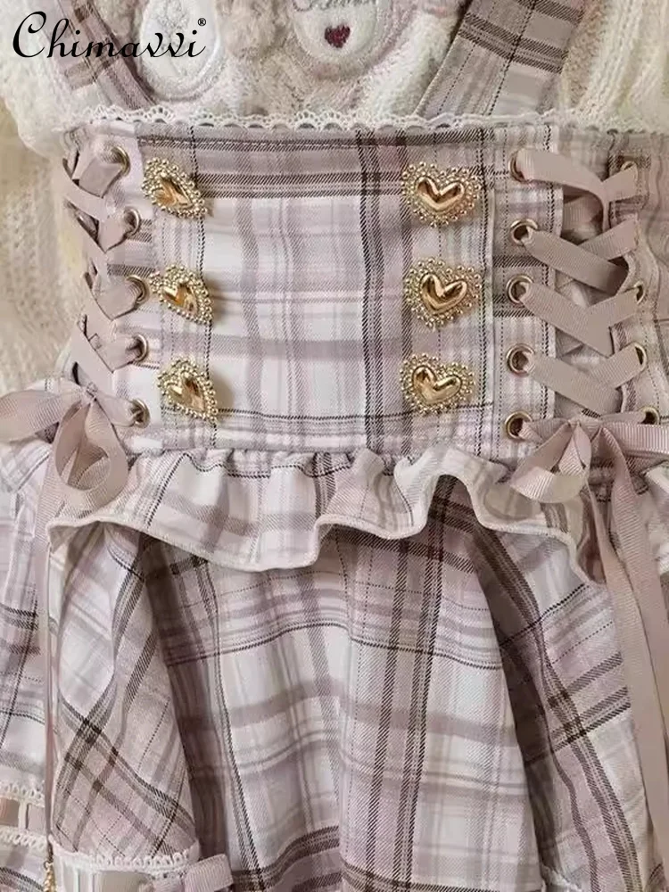 Japanische Liz Mine Serie Krawatte Große Schleife Doppelschicht Plaid Strap Rock Süße Prinzessin Mädchen Kawaii Kuchen Rock für Frauen Sommer Neue