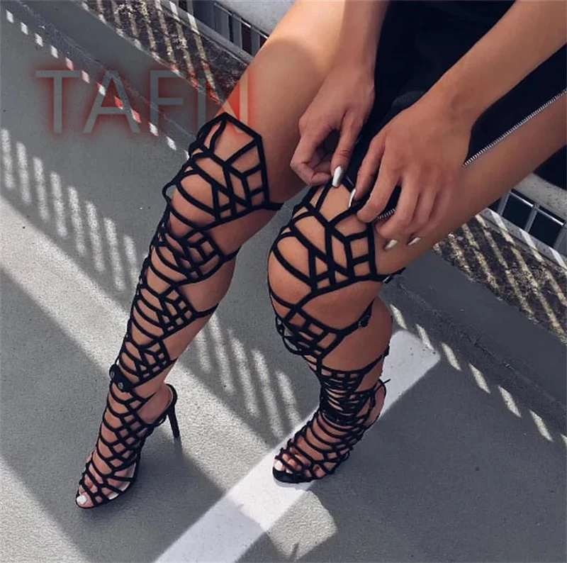 

Summer Women Over the Knee Gladiator Boots Sexy Open Toe Stiletto Heels Hollow Out Sandals Black Buckle Straps Sandal Boots