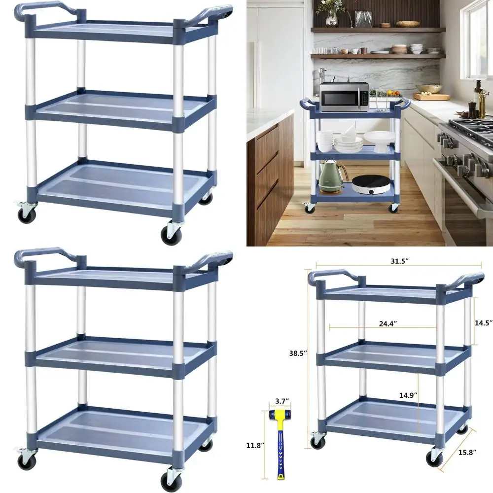 

Сверхмощная трехъярусная пластиковая тележка с запираемыми колесами и резиновыми шинами для промышленного, офисного и кухни, крышка 420 фунтов