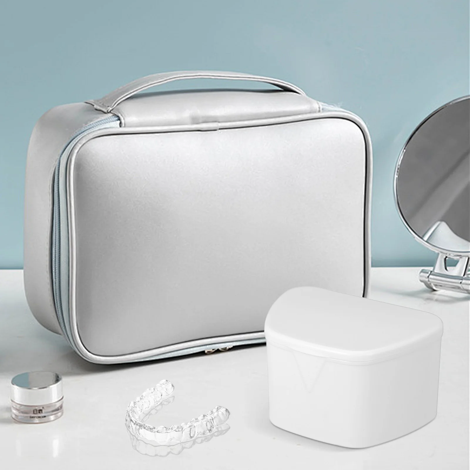 

Denture Box Portable White Compact Resistant Plastic Mini Size Hinged Lid Snaps Mouth Guard Storage Case Denture Retainer