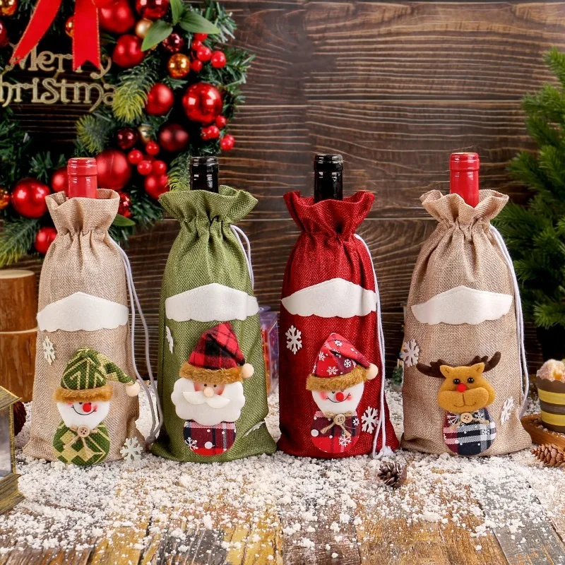 Christmas Linen Wine Bottle Cover 3D Santa Figurine Drawstring Wine Bag Cartoon Decor for Hotel Holiday Table Ornament