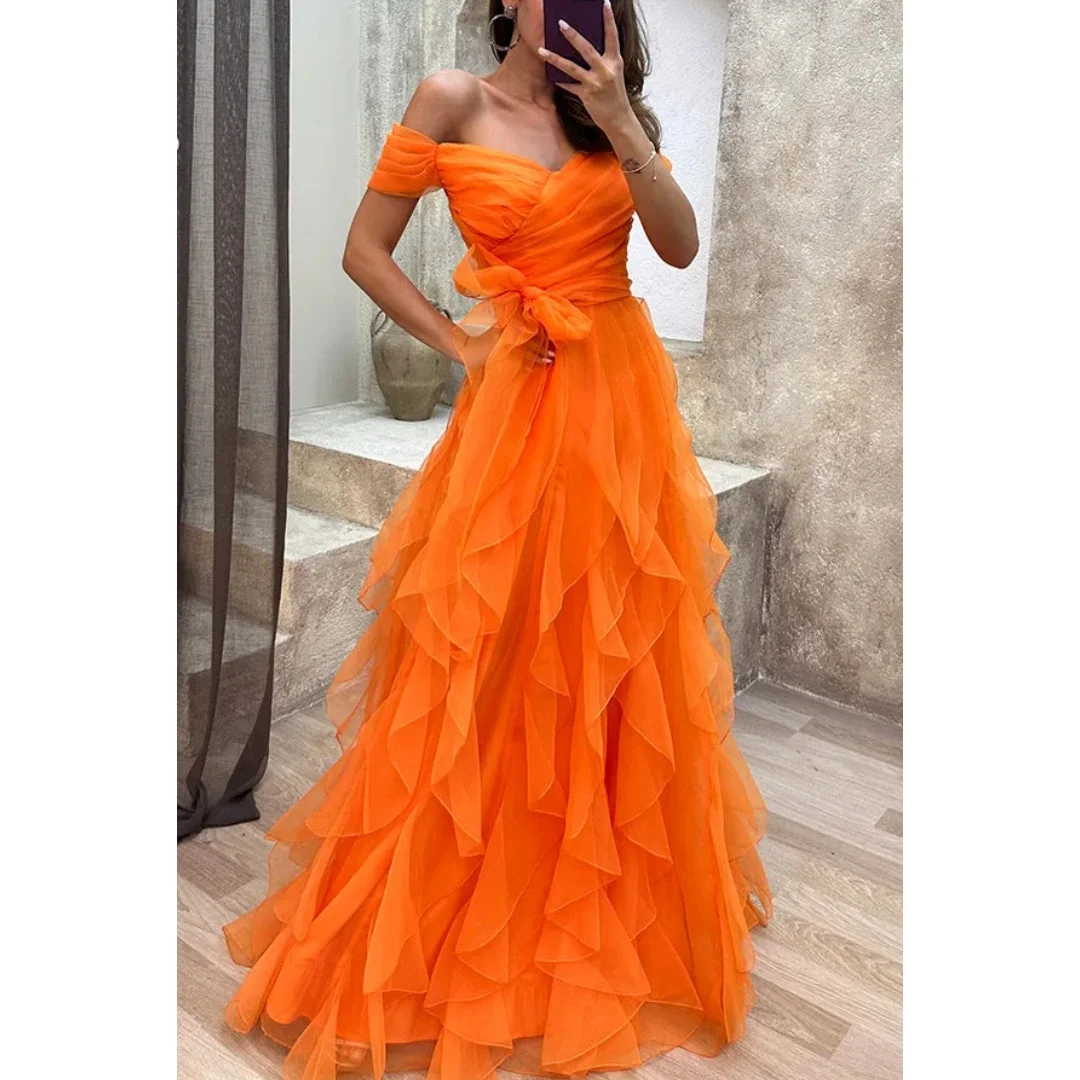 

Off the Shoulder Orange Evening Dresses Woman Tiered Ruffles vestidos de noche A Line Prom Dress Formal Party Gowns Customized