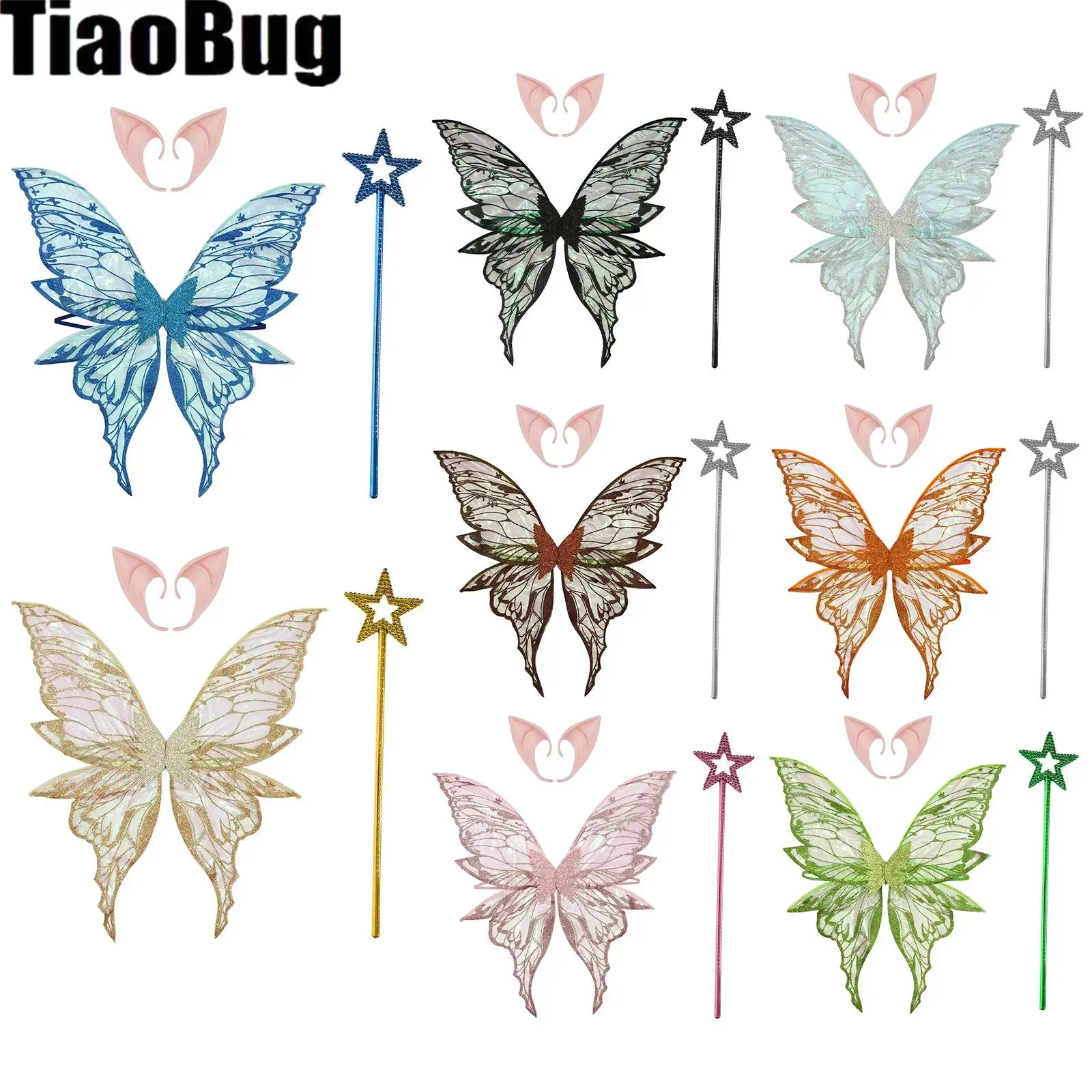 Asas de fada borboleta mulheres meninas brilho princesa asa de anjo com orelhas de elfo formato de estrela bastão de fada adereços de desempenho de halloween