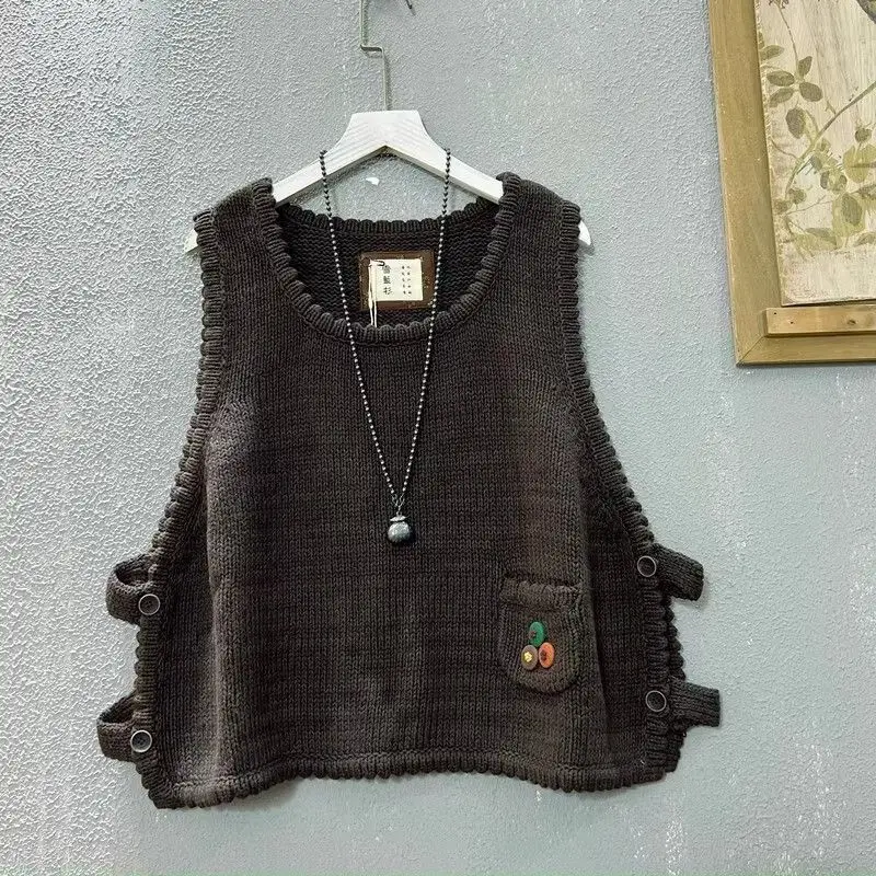 

Women's Solid Color Pullover Sleeveless Sweater Knitted Vest Round Neck Pocket Fashion Casual Top