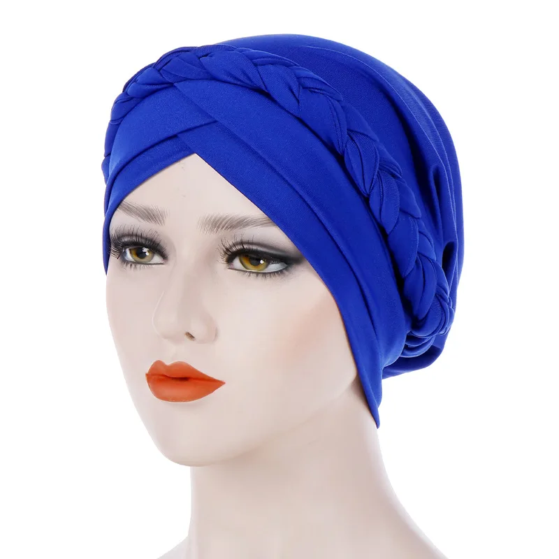 New Forehead Cross Braid Turban Hijab Muslim Women Strech Chemo Cap Hair Loss Head Wrap Bonnet Hat Beanies Headband Solid Colors