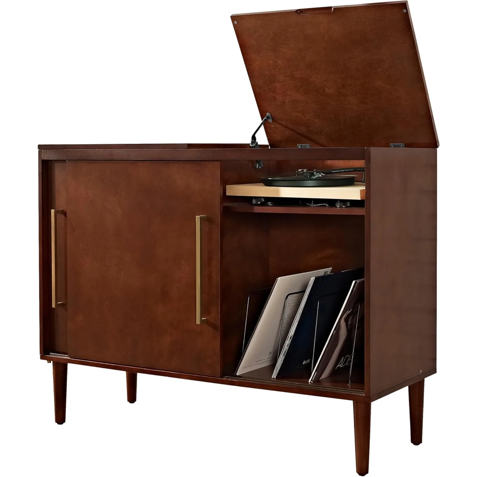 

US Everett Media Console and Record Player Stand with Storage for Vinyl Records, Mahogany