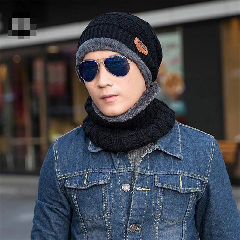 

Men's Winter Beanie Hat Scarf Set Casual Black Blue Red Knitted Balaclava Beanies Caps Mufflers Keep Warm Mouth Neck Warmer N004