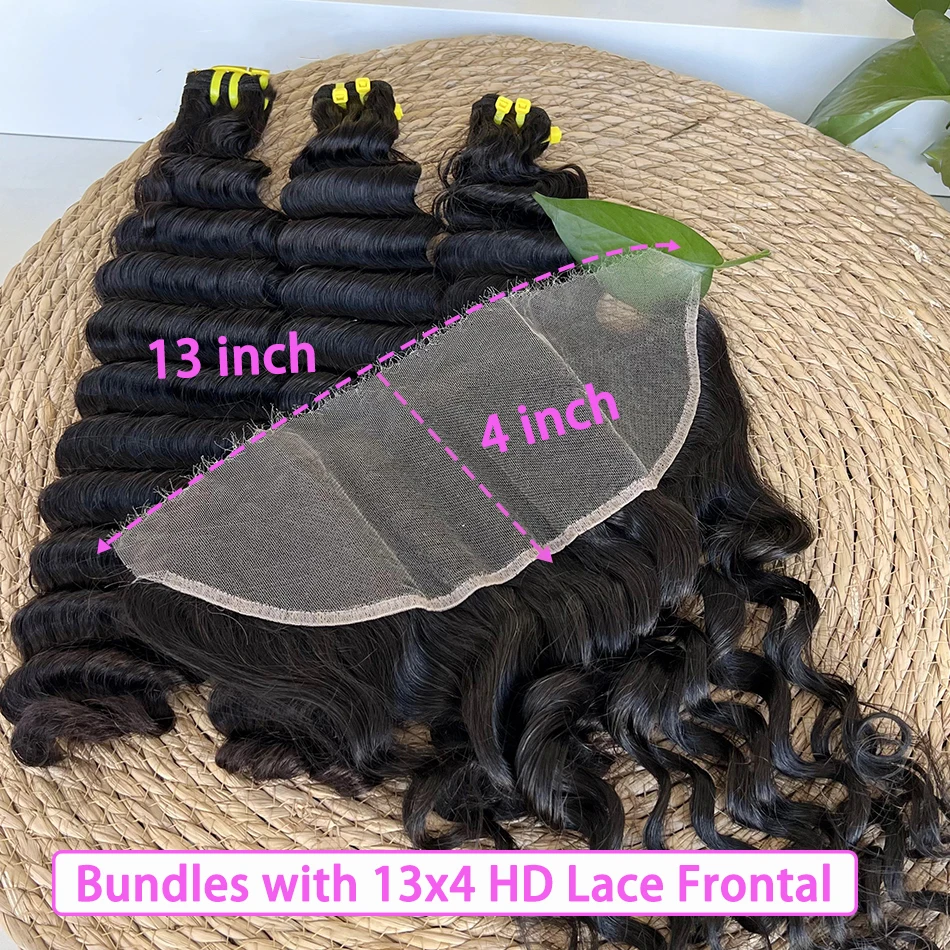 Deep Wave Double Drawn Human Hair Bundles With 13x4 HD Lace Frontal 4x4 5x5 HD Closure Natural Hair Weaving Extensions For Women