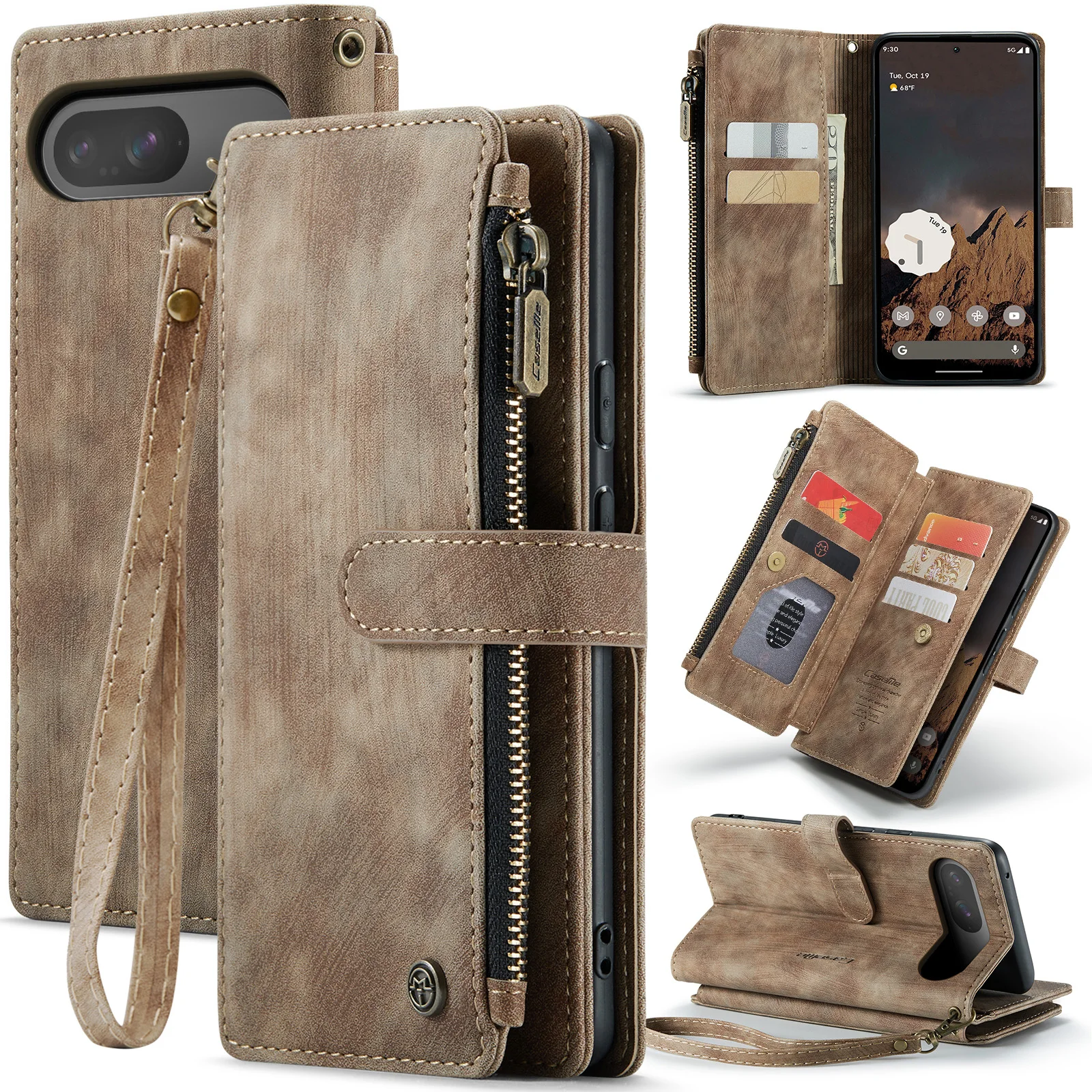 

Для Google Pixel 10 9 Pro кожаный чехол-бумажник с откидной крышкой для телефона Google Pixel 9 10 Pro XL с ремешком на молнии Pixel 9A 10 Pro чехол