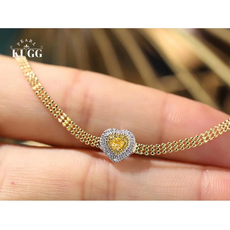 KUGG 100% 18K Yellow Gold Bracelet Real Natural Yellow Diamond Bracelet for Women Romantic Heart Design High Wedding Jewelry