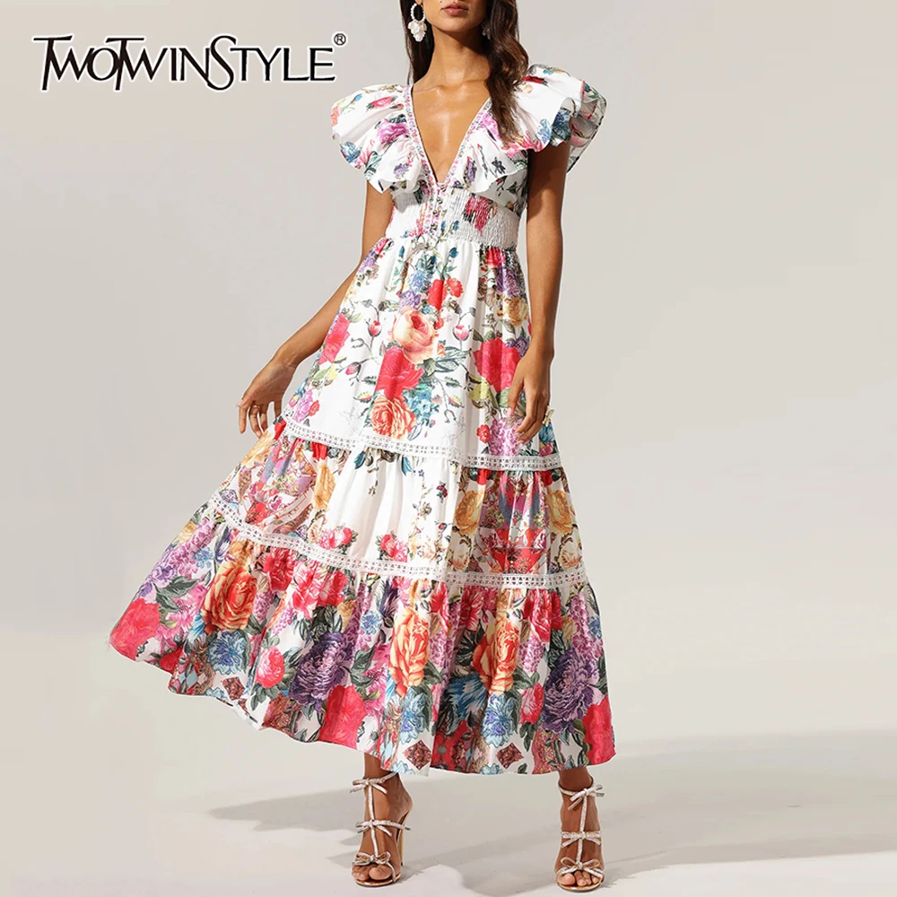 TWOTWINSTYLE الطباعة تقسم الكشكشة طيات فساتين غير رسمية للنساء الخامس الرقبة بلا أكمام تونك فستان طويل أنيق الملابس النسائية