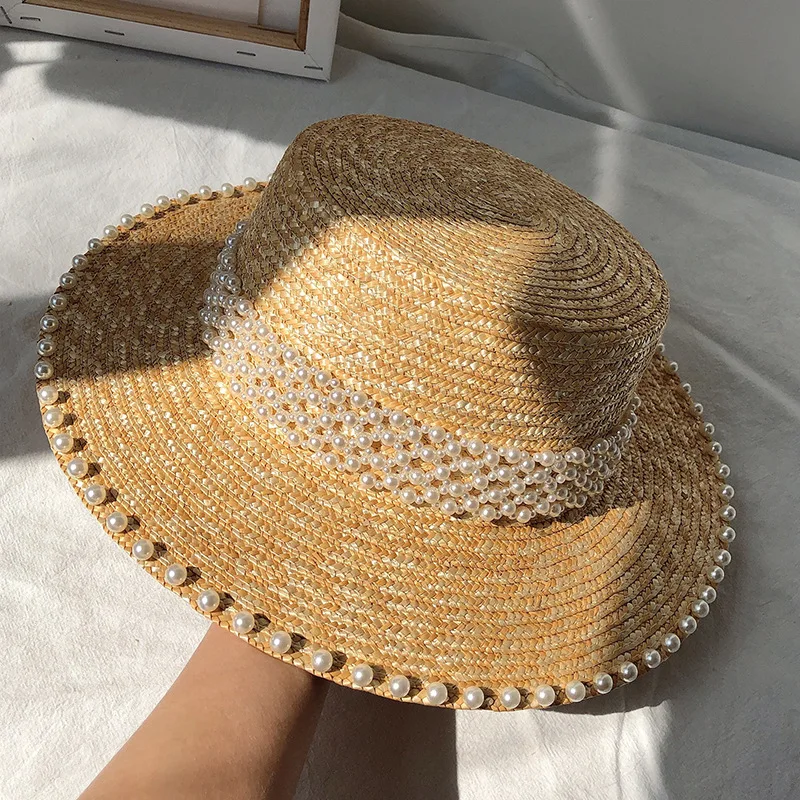 

Natural Wheat Straw Boater Fedora Top Hat Women Summer Beach Flat Brim Cap Pearl Accessories For Holiday Party Trendy Sun Hats