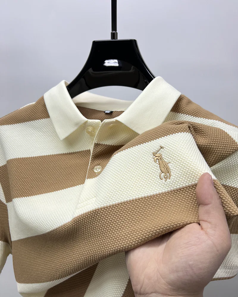 High end brand short sleeve polo shirt men's summer ice silk breathable top fashion striped pony embroidery casual Paul T-shirt