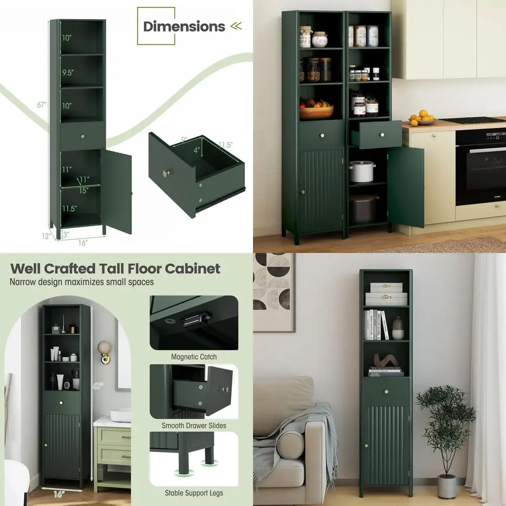 

Высокий напольный шкаф 67 с рифленой дверцей, 3 полками и 1 выдвижным ящиком, зеленый, отдельностоящий, для кухни и гостиной