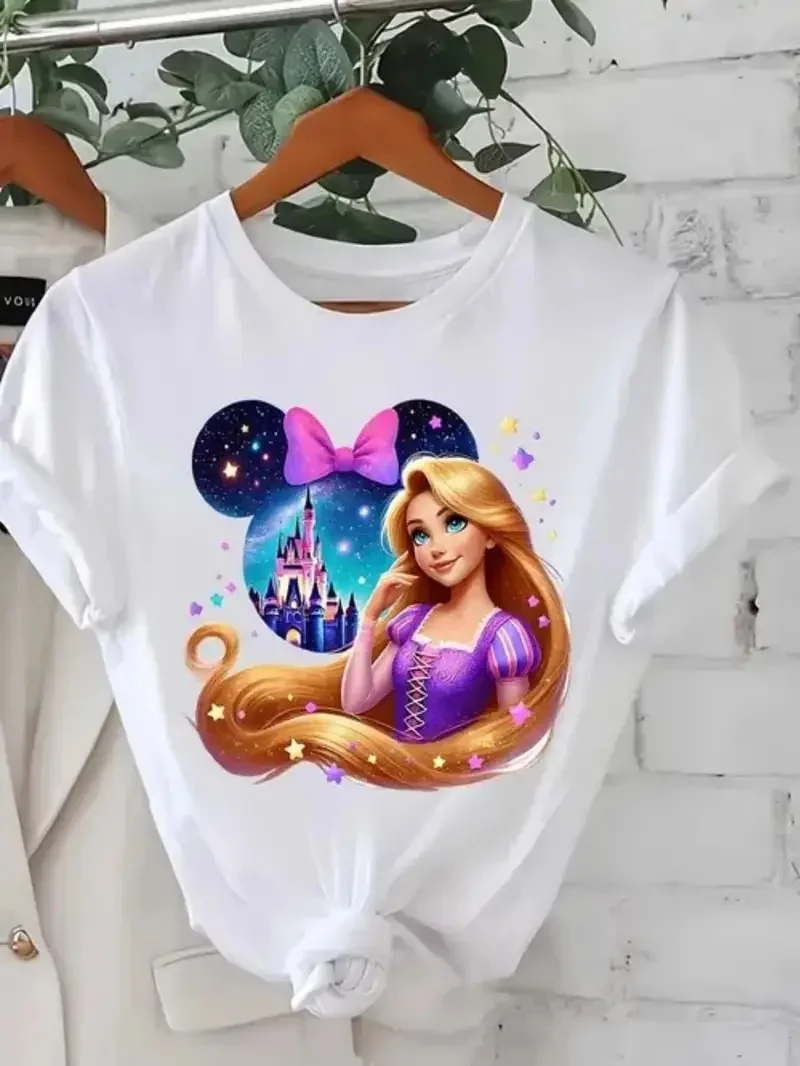 

2025 Disney Pattern Printed Women's Casual Comfortable Unique Smiling Face Black Round Neck Short Sleeve T-shirt
