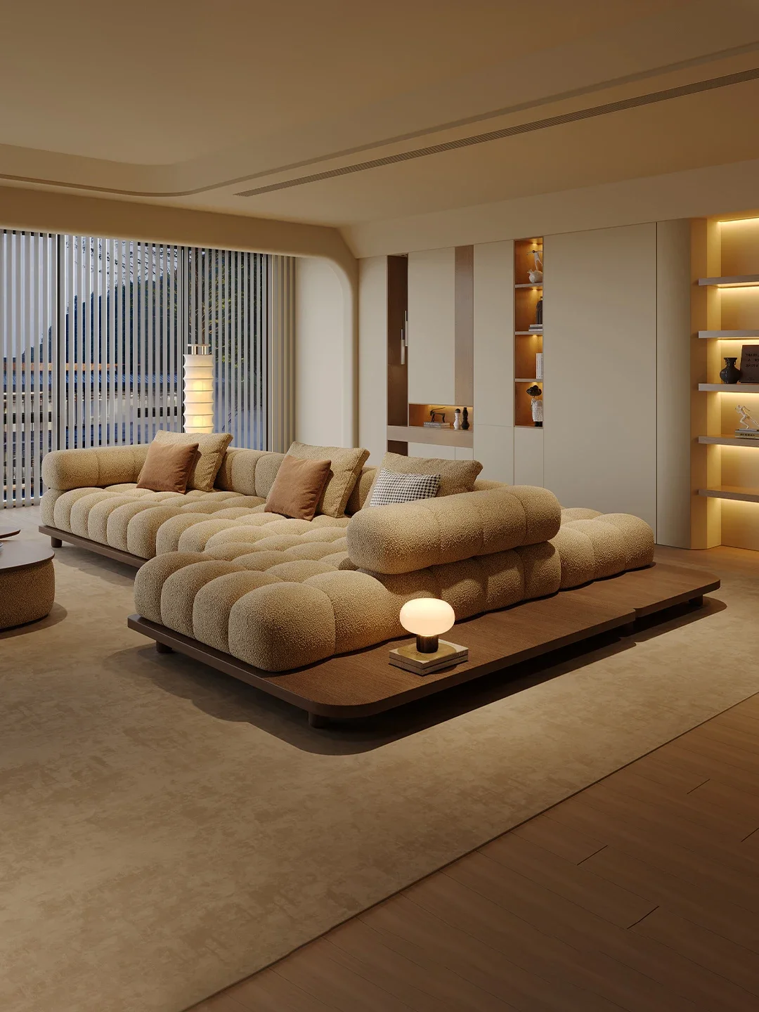 Modular L Shaped Sectional Sofa with Wooden Platform Base - Thick Sherpa Boucle Cushion - Japandi Cream Living Room Couch