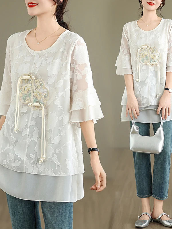 

Модная китайская свободная футболка с круглым вырезом и бахромой, универсальная повседневная футболка больших размеров, художественная летняя футболка для работы и отдыха