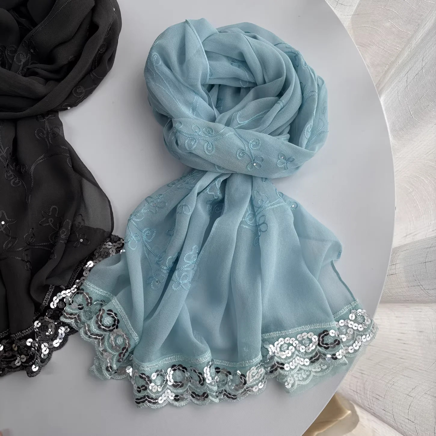 

100% Silk Neckerchief for Women Spring Blue Gray Embroidered Beading Neck Scarves Pure Silk Hijabs for Woman Shawl