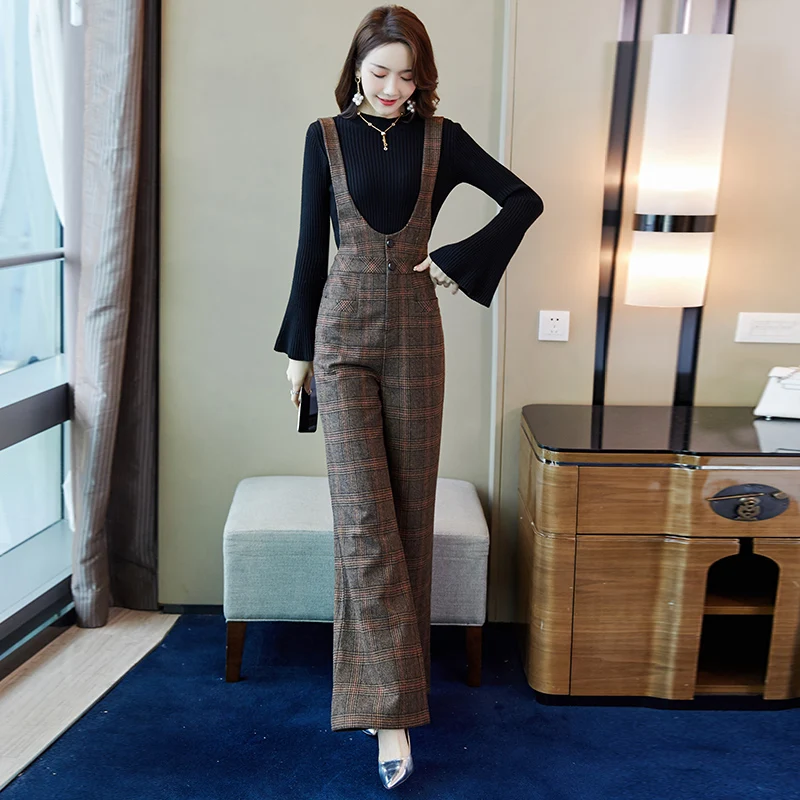 

woolen plaid overalls jumpsuit suit women's wide leg pants hosen damen jumpsuits for women high quality women clothing
