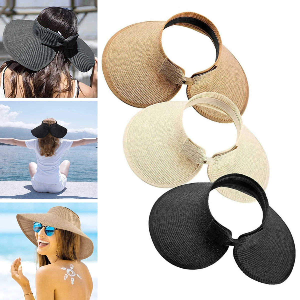 

2024 New Women Foldable Wide Large Brim Straw Sun Hat Travel Summer Packable UV Protection Cap for Beach Travel Bonnet